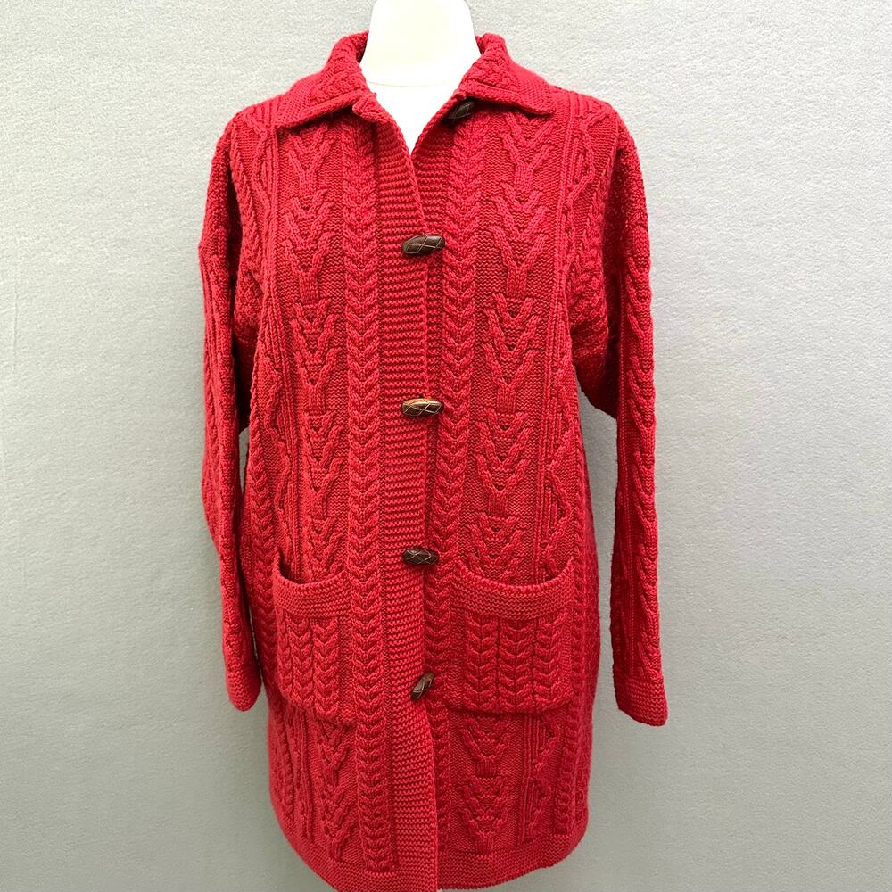 Aran Crafts Ireland Red Wool Fisherman Cardigan Long Sweater Toggle Front Medium